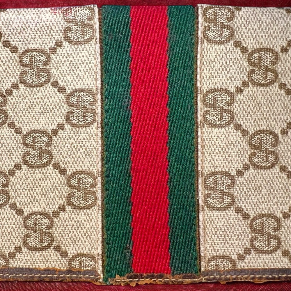 70’s Gucci Red & Green Stripe on Beige Gucci Logo Coated Canvas & Brown Leather - Picture 11 of 14